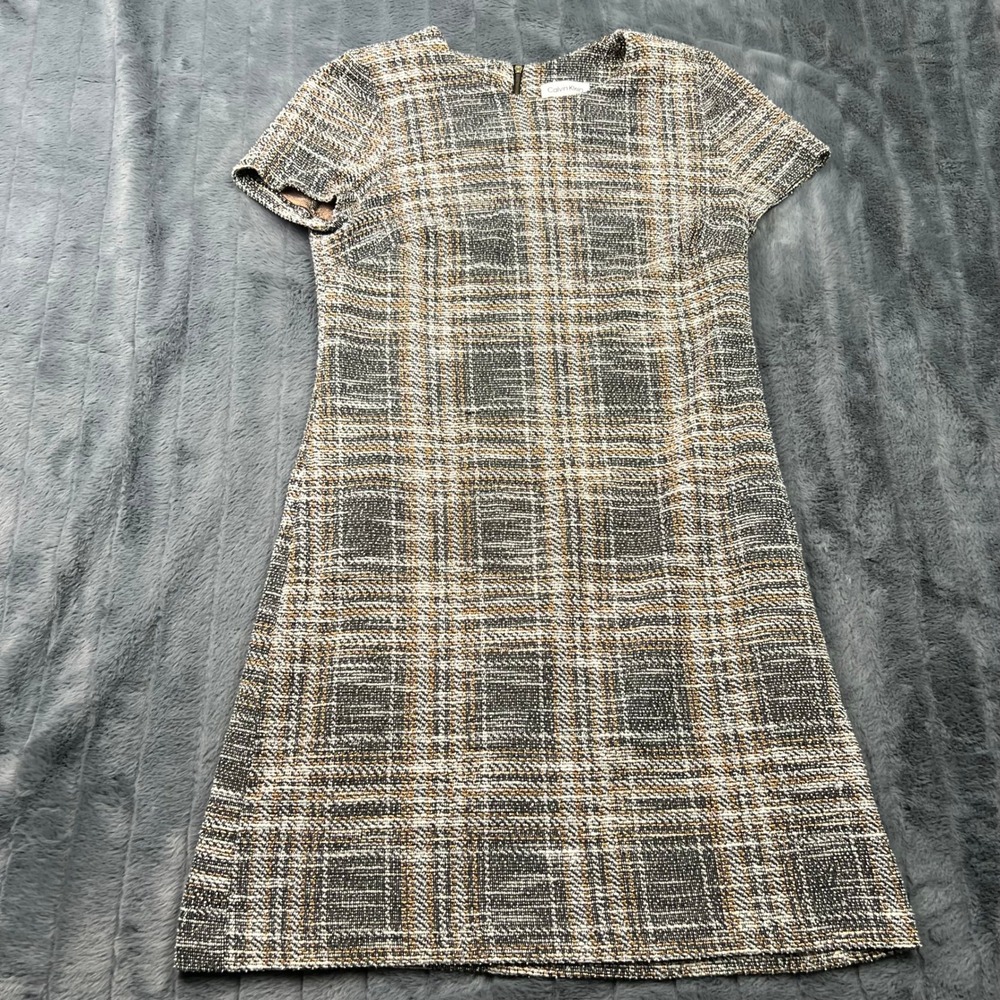 Calvin Klein Womens Plaid Tweed Sheath Dress Short Sleeve Exposed Zip Size 6